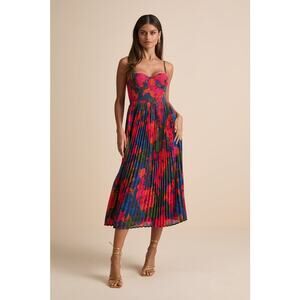 NWT Lulus Dorothy Dark Blue Multi Floral Print Pleated Midi Dress Cruise Gala XS